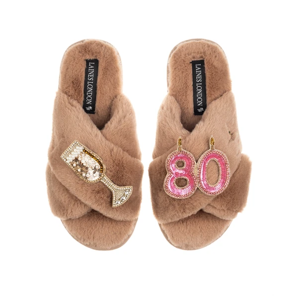 Laines London Classic Laines Slippers With 80th Birthday & Champagne Glass Brooches