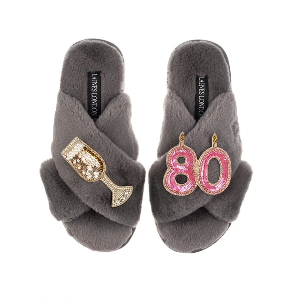 Laines London Classic Laines Slippers With 80th Birthday & Champagne Glass Brooches