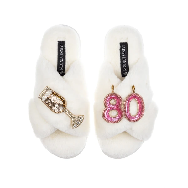 laines london Classic Laines Slippers With 80th Birthday & Champagne Glass Brooches