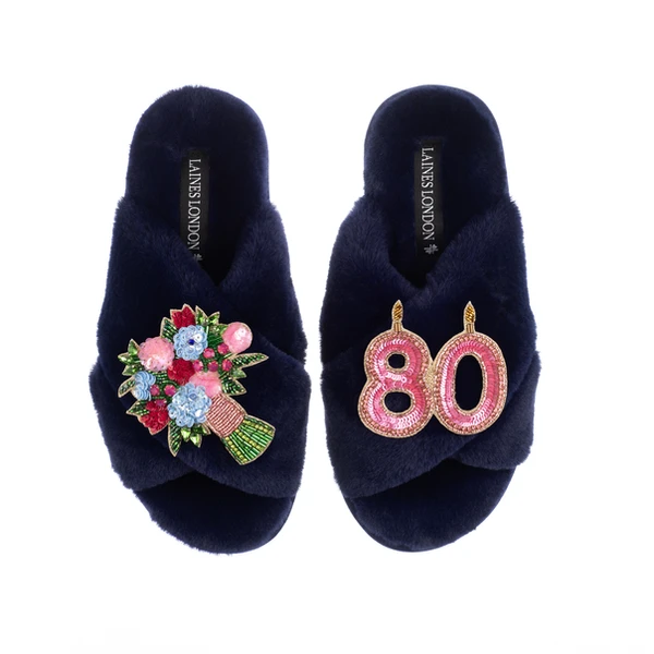 Laines London Classic Laines Slippers With 80th Birthday & Flowers Brooches