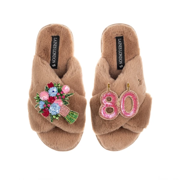 Laines London Classic Laines Slippers With 80th Birthday & Flowers Brooches