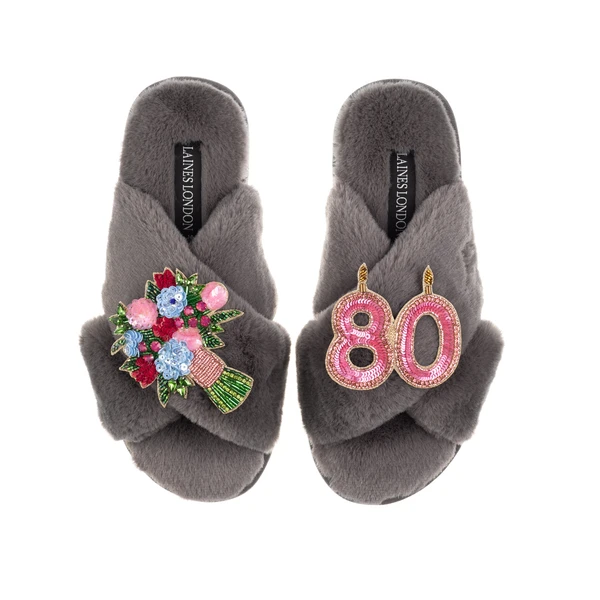 Laines London Classic Laines Slippers With 80th Birthday & Flowers Brooches