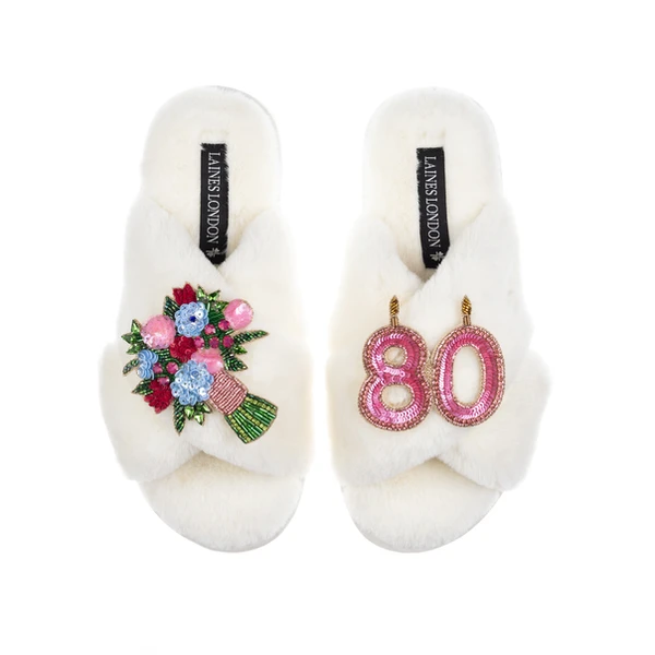 laines london Classic Laines Slippers With 80th Birthday & Flowers Brooches