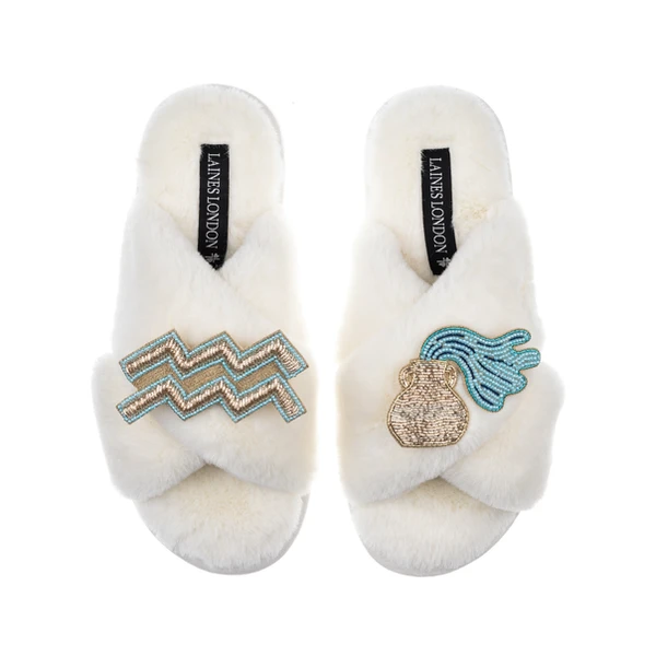 Laines London Classic Laines Slippers With Aquarius Star Sign Brooches