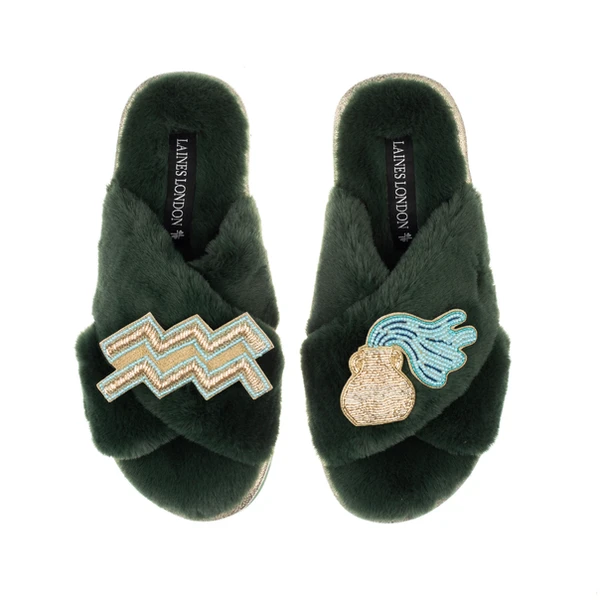 Laines London Classic Laines Slippers With Aquarius Star Sign Brooches