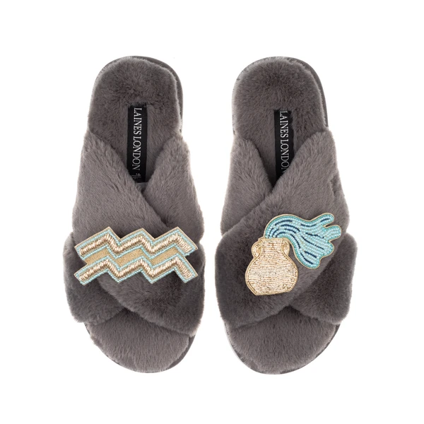Laines London Classic Laines Slippers With Aquarius Star Sign Brooches