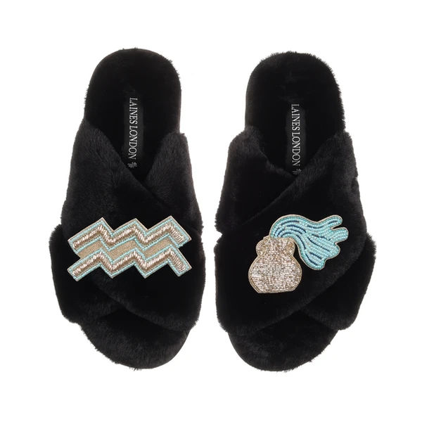 laines london Classic Laines Slippers With Aquarius Star Sign Brooches