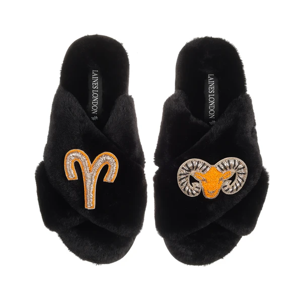 Laines London Classic Laines Slippers With Aries Star Sign Brooches