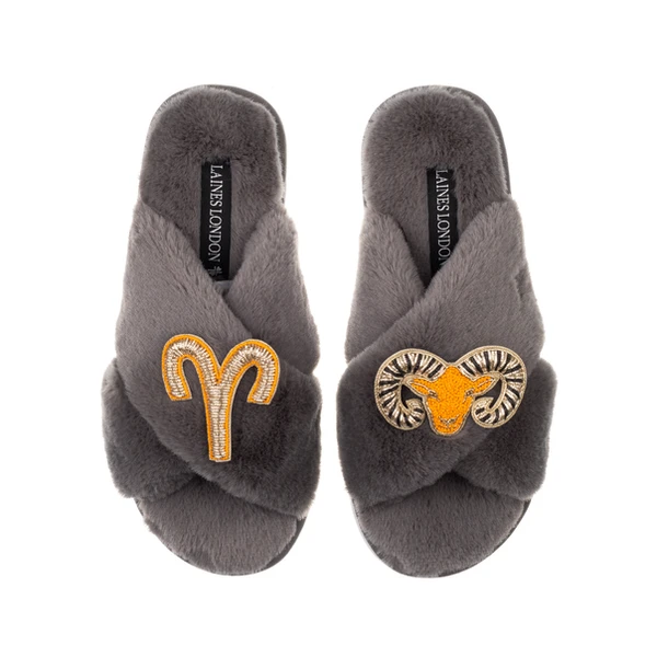 Laines London Classic Laines Slippers With Aries Star Sign Brooches