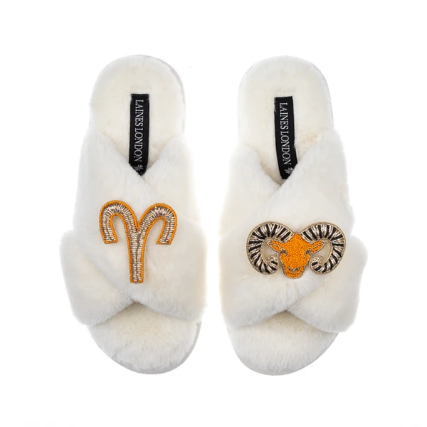laines london Classic Laines Slippers With Aries Star Sign Brooches