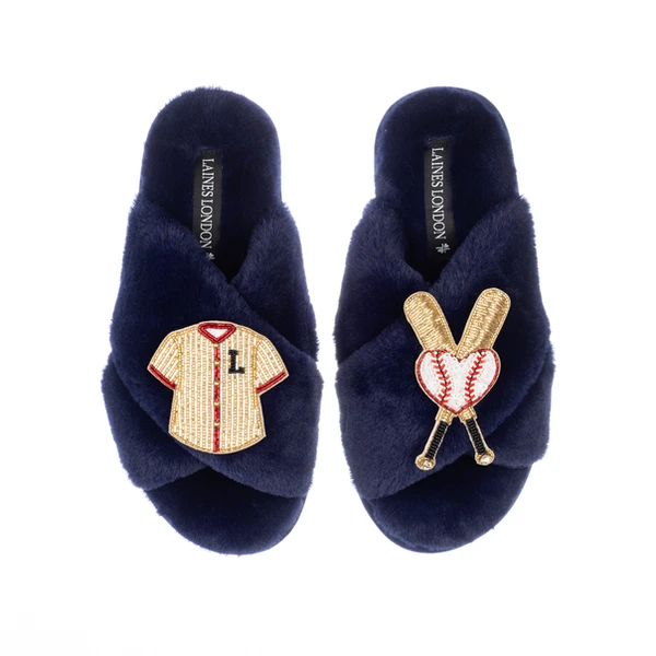 Laines London Classic Laines Slippers With Baseball Lover Brooches