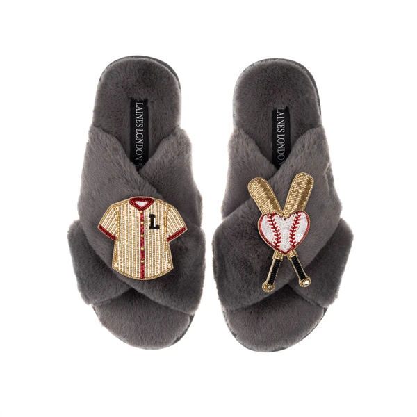 Laines London Classic Laines Slippers With Baseball Lover Brooches