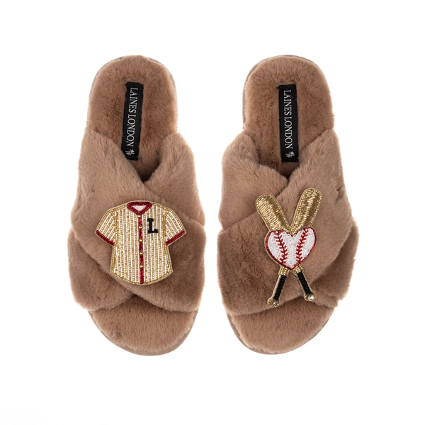 Laines London Classic Laines Slippers With Baseball Lover Brooches