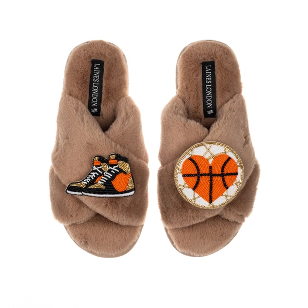 Laines London Classic Laines Slippers With Basketball Lover Brooches