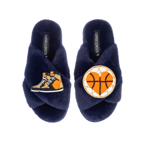 Laines London Classic Laines Slippers With Basketball Lover Brooches