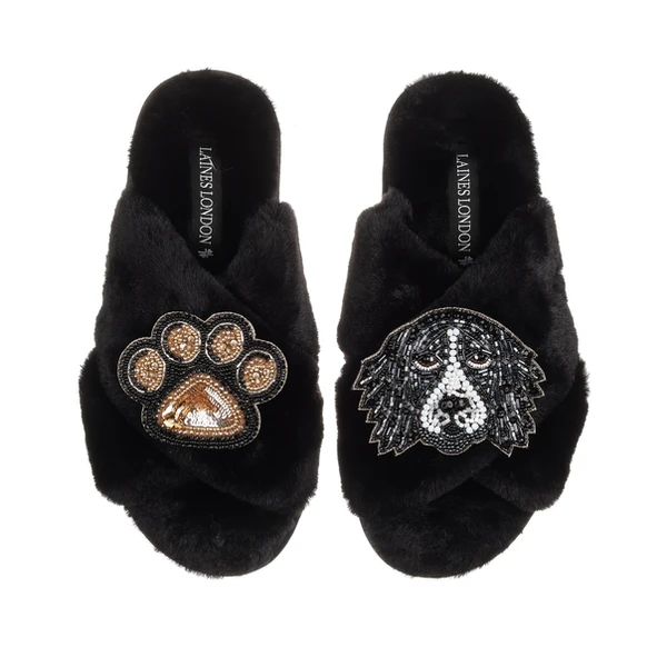 Laines London Classic Laines Slippers With Bentley The Black & White Spaniel & Paw Brooches