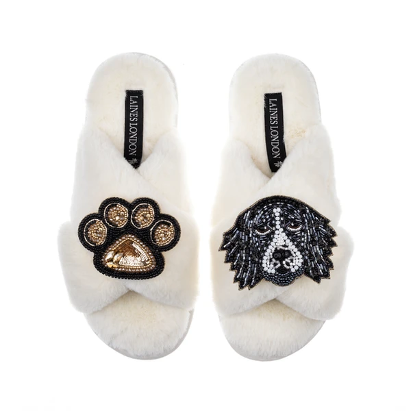 Laines London Classic Laines Slippers With Bentley The Black & White Spaniel & Paw Brooches