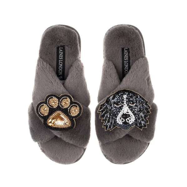 Laines London Classic Laines Slippers With Bentley The Black & White Spaniel & Paw Brooches