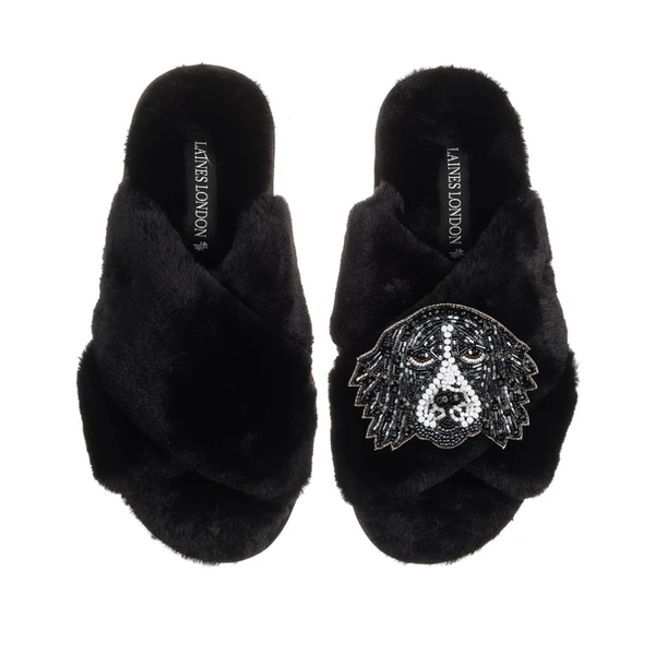 Laines London Classic Laines Slippers With Bentley The Black & White Spaniel Brooch