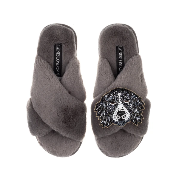 Laines London Classic Laines Slippers With Bentley The Black & White Spaniel Brooch