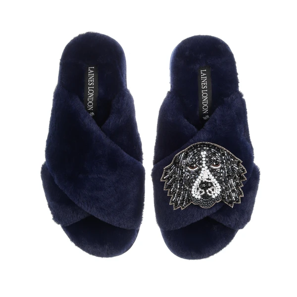 Laines London Classic Laines Slippers With Bentley The Black & White Spaniel Brooch