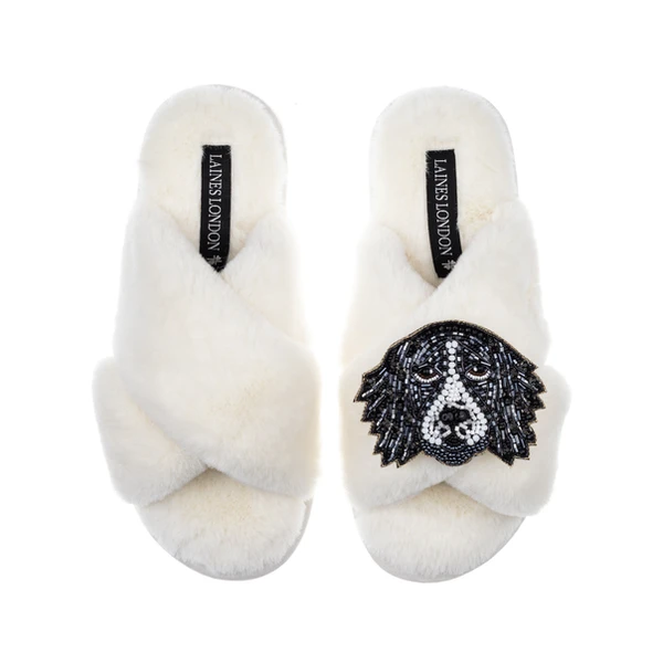 laines london Classic Laines Slippers With Bentley The Black & White Spaniel Brooch