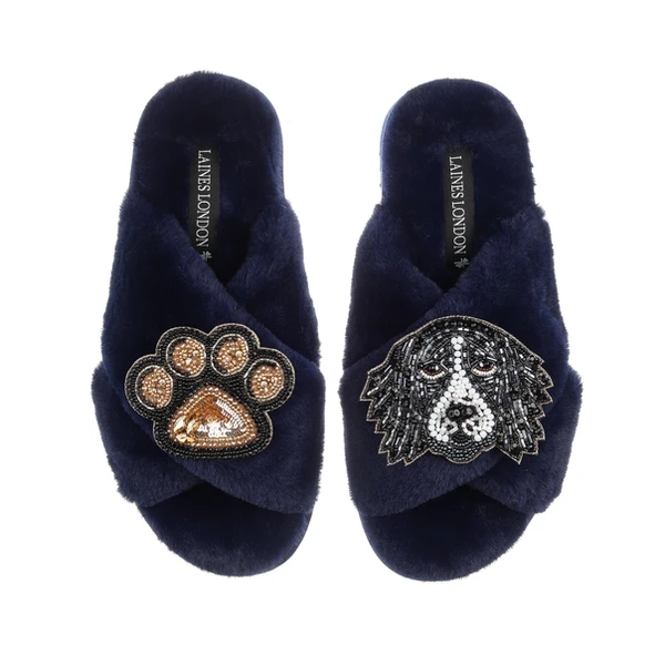 laines london Classic Laines Slippers With Bentley The Black & White Spaniel & Paw Brooches