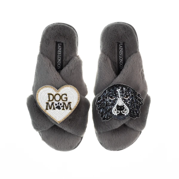 Laines London Classic Laines Slippers With Bentley The Spaniel & Dog Mum / Mom Brooches