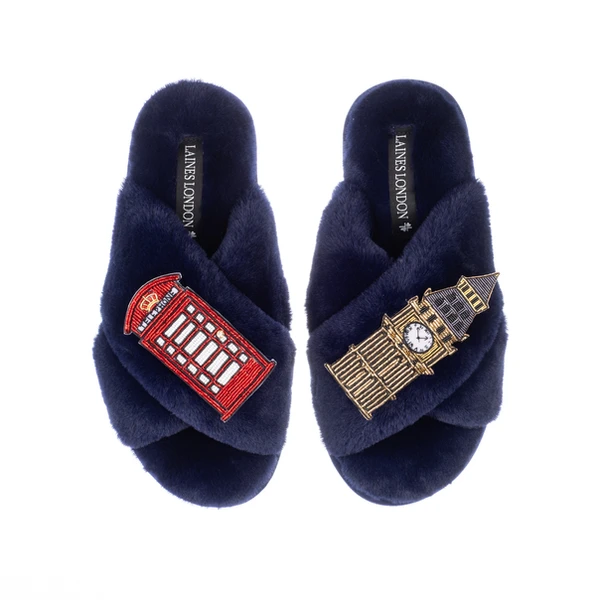 Laines London Classic Laines Slippers With Big Ben & British Phone Box Brooches