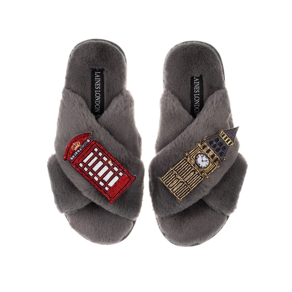 Laines London Classic Laines Slippers With Big Ben & British Phone Box Brooches