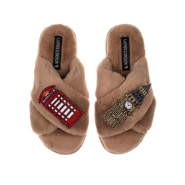 Laines London Classic Laines Slippers With Big Ben & British Phone Box Brooches