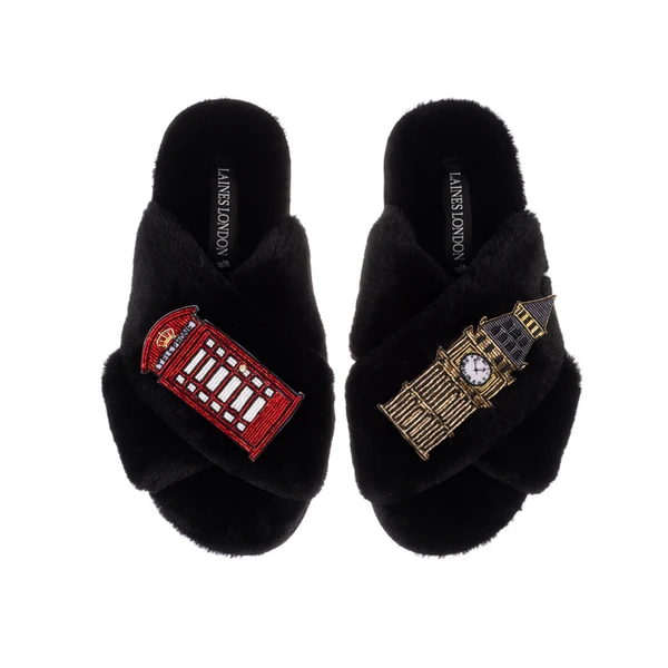 laines london Classic Laines Slippers With Big Ben & British Phone Box Brooches