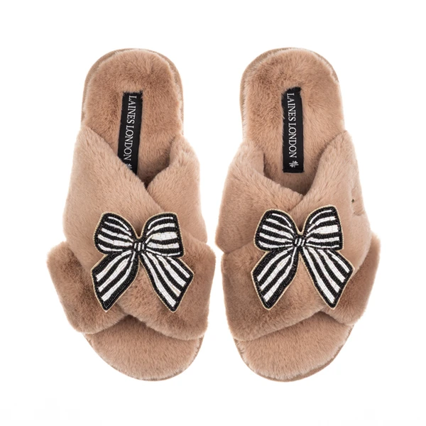 Laines London Classic Laines Slippers With Black Stripe Bow Brooches