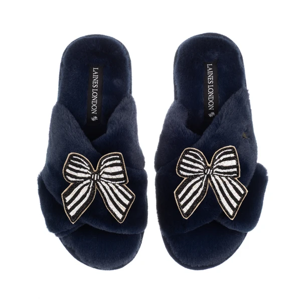 Laines London Classic Laines Slippers With Black Stripe Bow Brooches