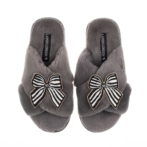 Laines London Classic Laines Slippers With Black Stripe Bow Brooches