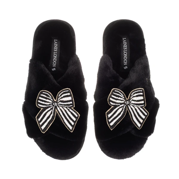 laines london Classic Laines Slippers With Black Stripe Bow Brooches