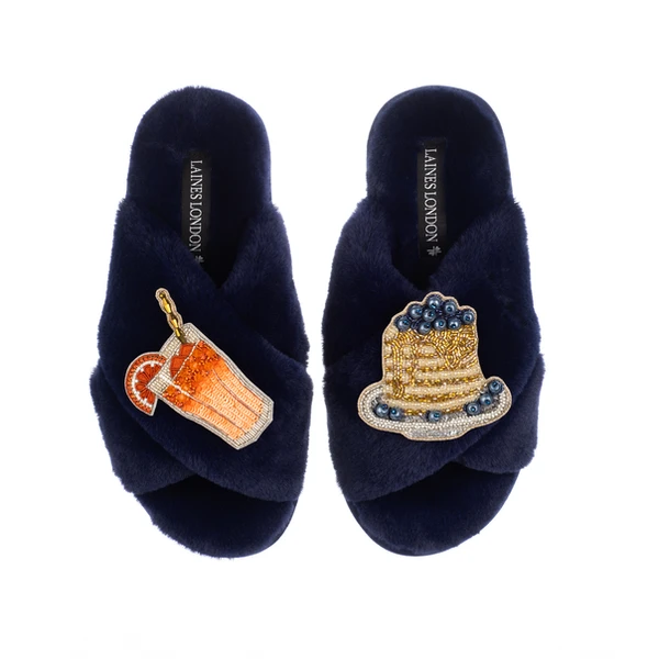 Laines London Classic Laines Slippers With Blueberry Pancake Stack & OJ Brooches