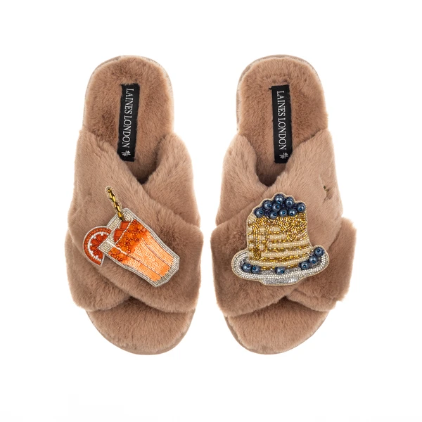 Laines London Classic Laines Slippers With Blueberry Pancake Stack & OJ Brooches
