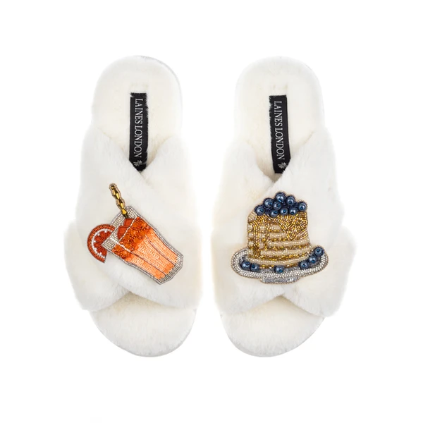 Laines London Classic Laines Slippers With Blueberry Pancake Stack & OJ Brooches