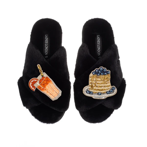 laines london Classic Laines Slippers With Blueberry Pancake Stack & OJ Brooches