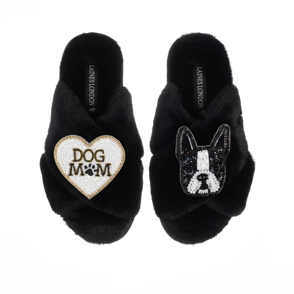 Laines London Classic Laines Slippers With Buddy The Boston Terrier & Dog Mum / Mom Brooches