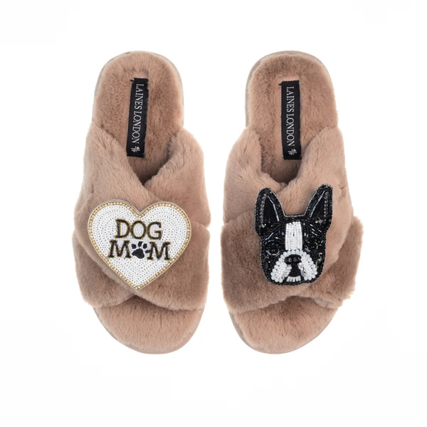 Laines London Classic Laines Slippers With Buddy The Boston Terrier & Dog Mum / Mom Brooches