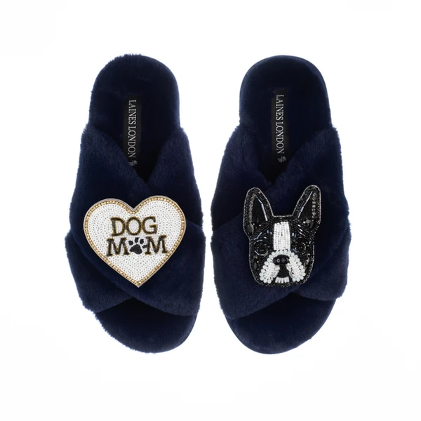 Laines London Classic Laines Slippers With Buddy The Boston Terrier & Dog Mum / Mom Brooches