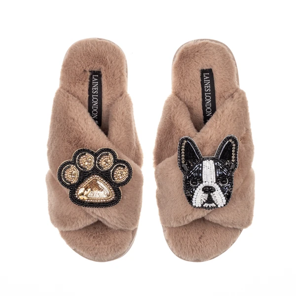 Laines London Classic Laines Slippers With Buddy The Boston Terrier & Paw Brooches