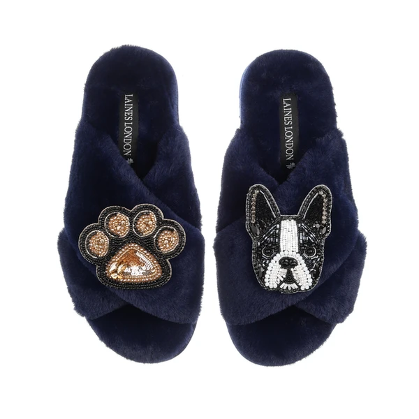 Laines London Classic Laines Slippers With Buddy The Boston Terrier & Paw Brooches