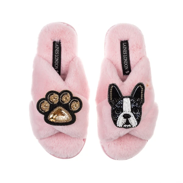 Laines London Classic Laines Slippers With Buddy The Boston Terrier & Paw Brooches