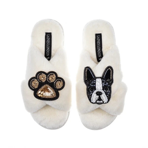 laines london Classic Laines Slippers With Buddy The Boston Terrier & Paw Brooches
