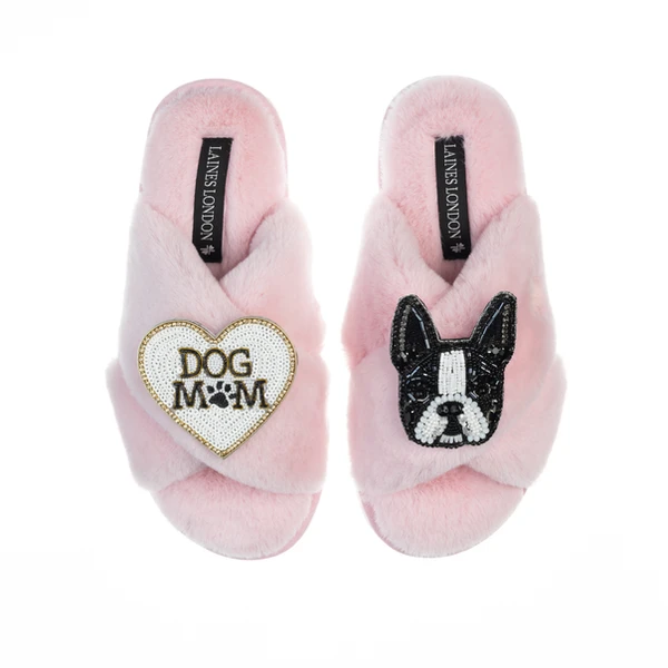laines london Classic Laines Slippers With Buddy The Boston Terrier & Dog Mum / Mom Brooches