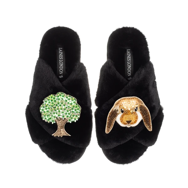 Laines London Classic Laines Slippers With Bunny & Oak Tree Brooches