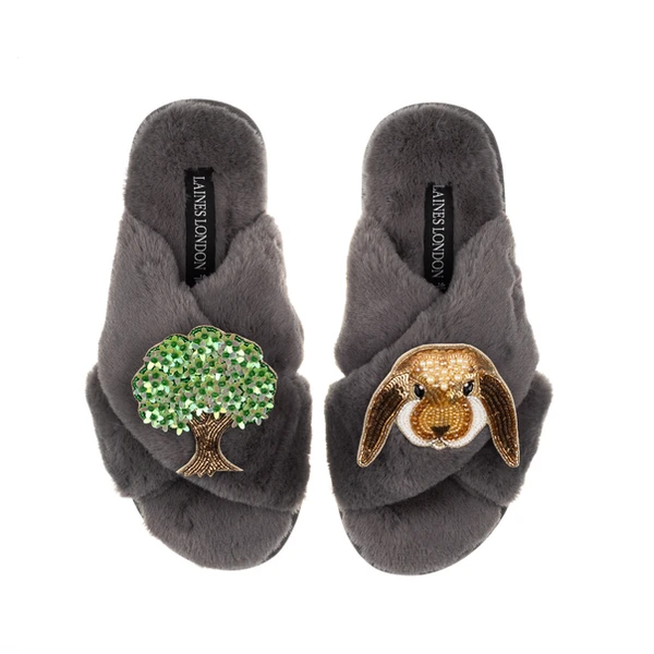 Laines London Classic Laines Slippers With Bunny & Oak Tree Brooches